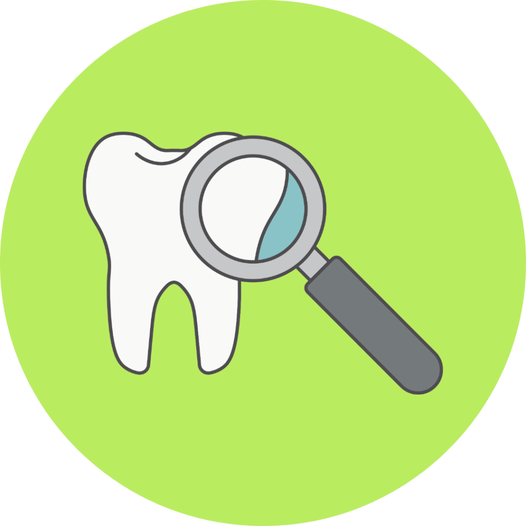 A tooth with a magnifying glass representing dental exams used to represent the $89 New Patient Special
