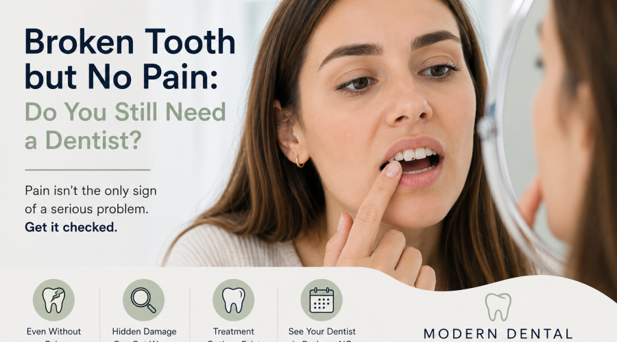 Broken tooth but no pain evaluated by a dentist in Durham, NC