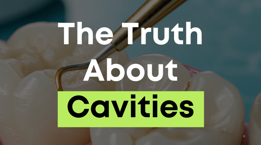Close-up of teeth with a dental instrument representing educational content about the truth about cavities