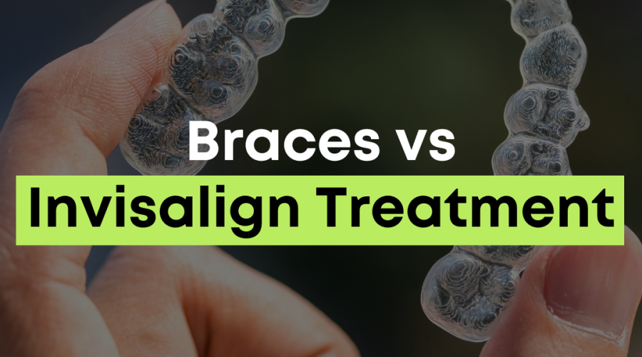 Invisalign clear aligners beside traditional braces representing a comparison of braces vs Invisalign treatment